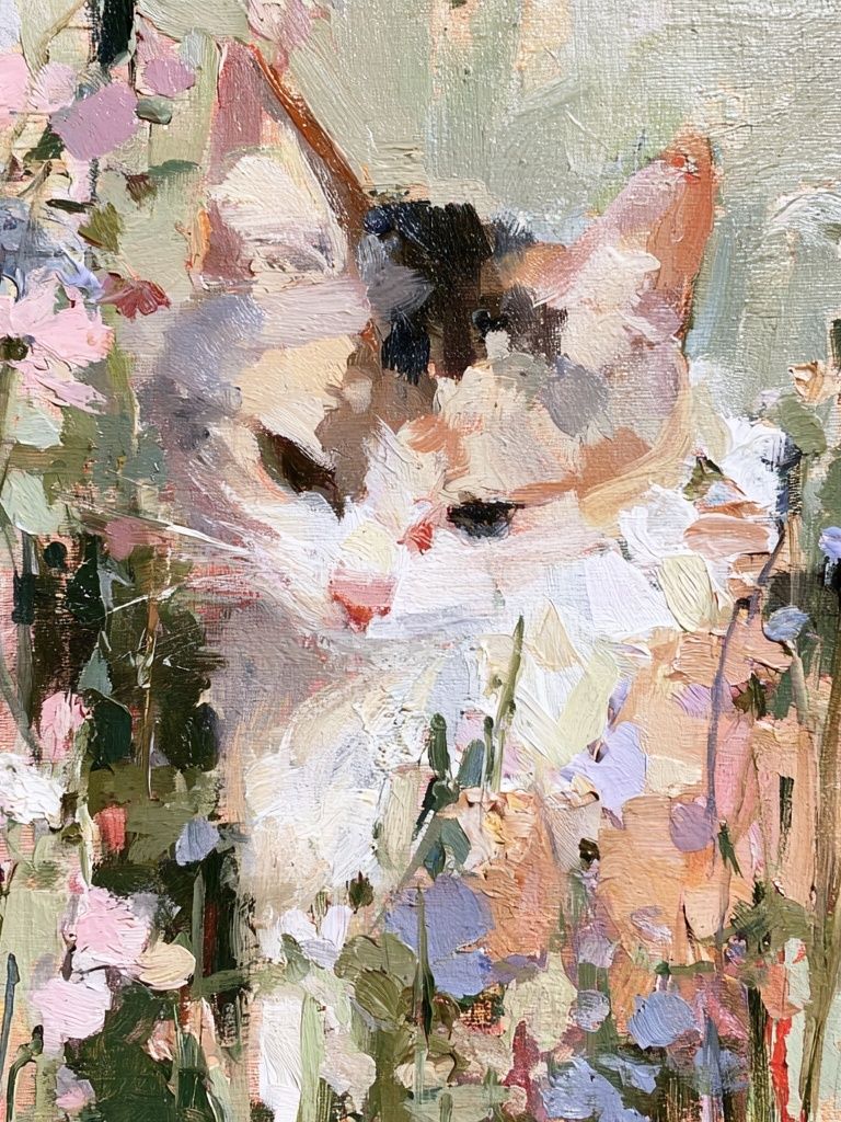 Pastel Cat in Flowers Print. poster detail