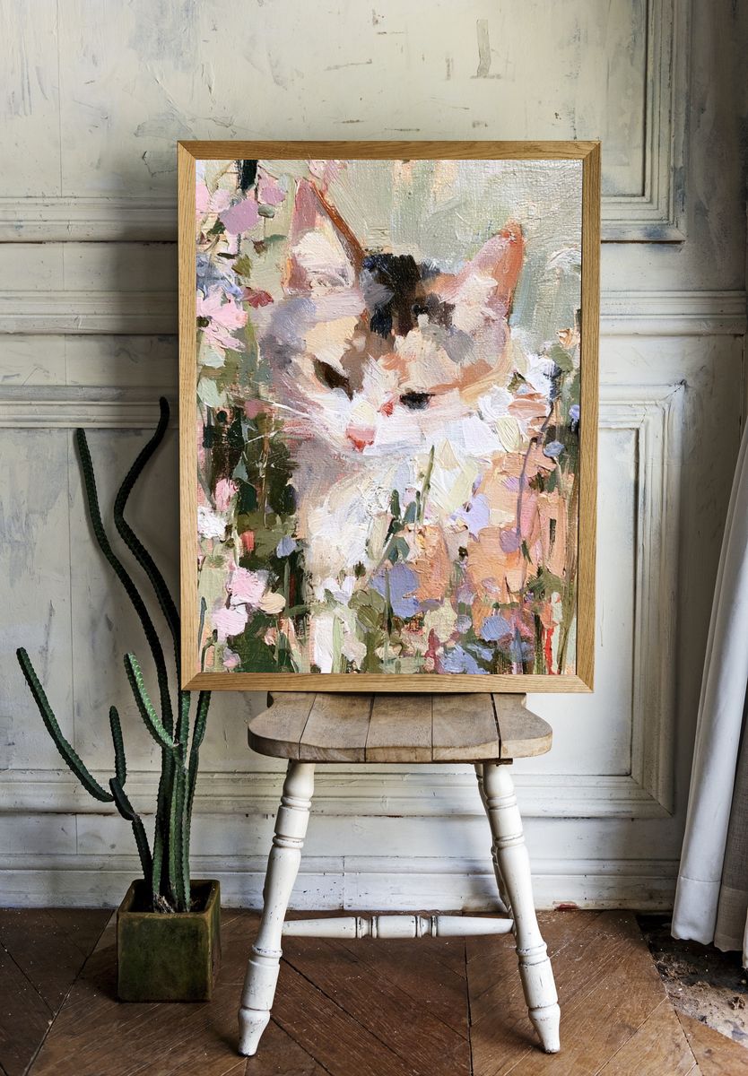 Pastel Cat in Flowers Print. — room view 1