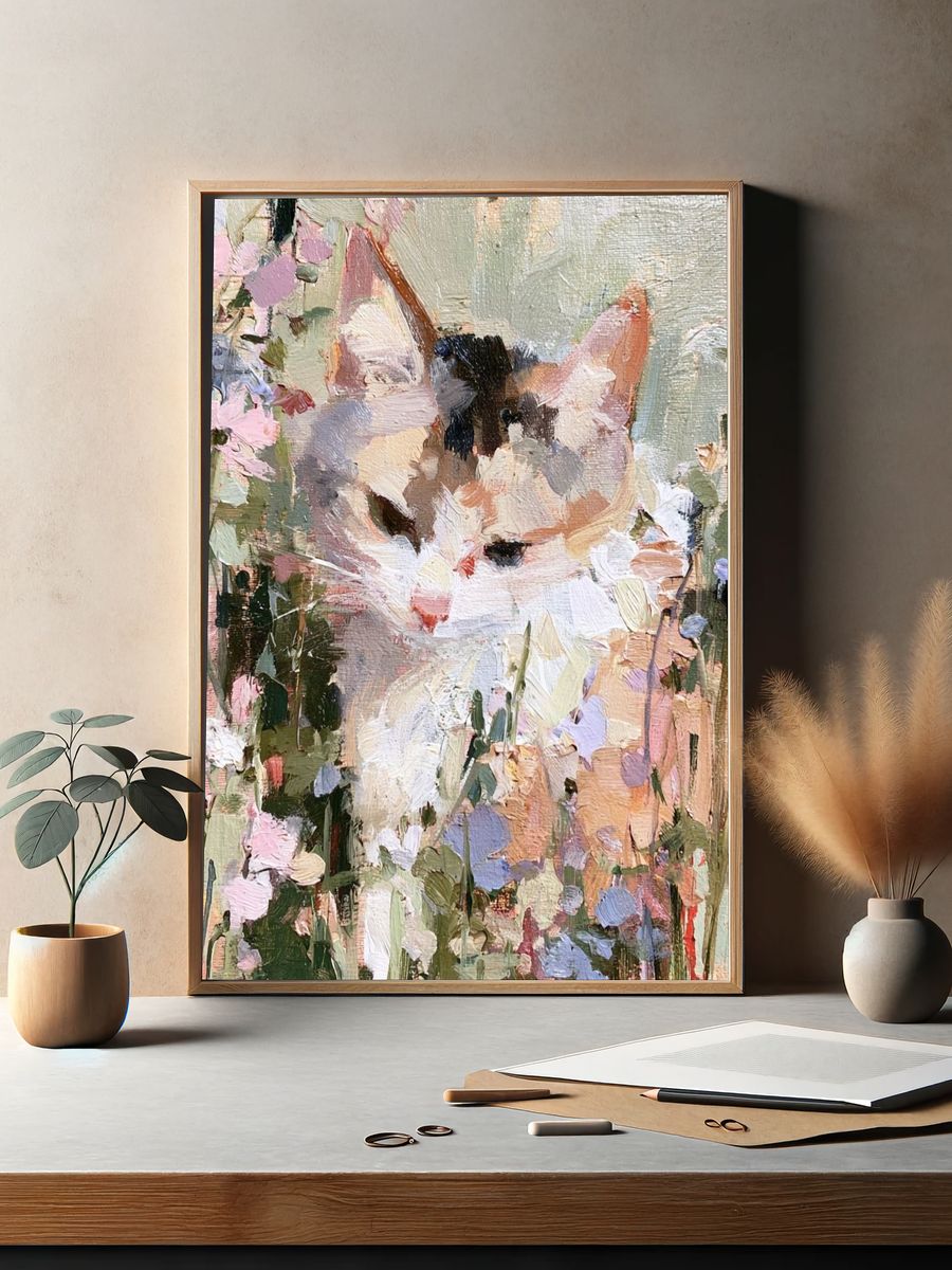 Pastel Cat in Flowers Print. — room view 2