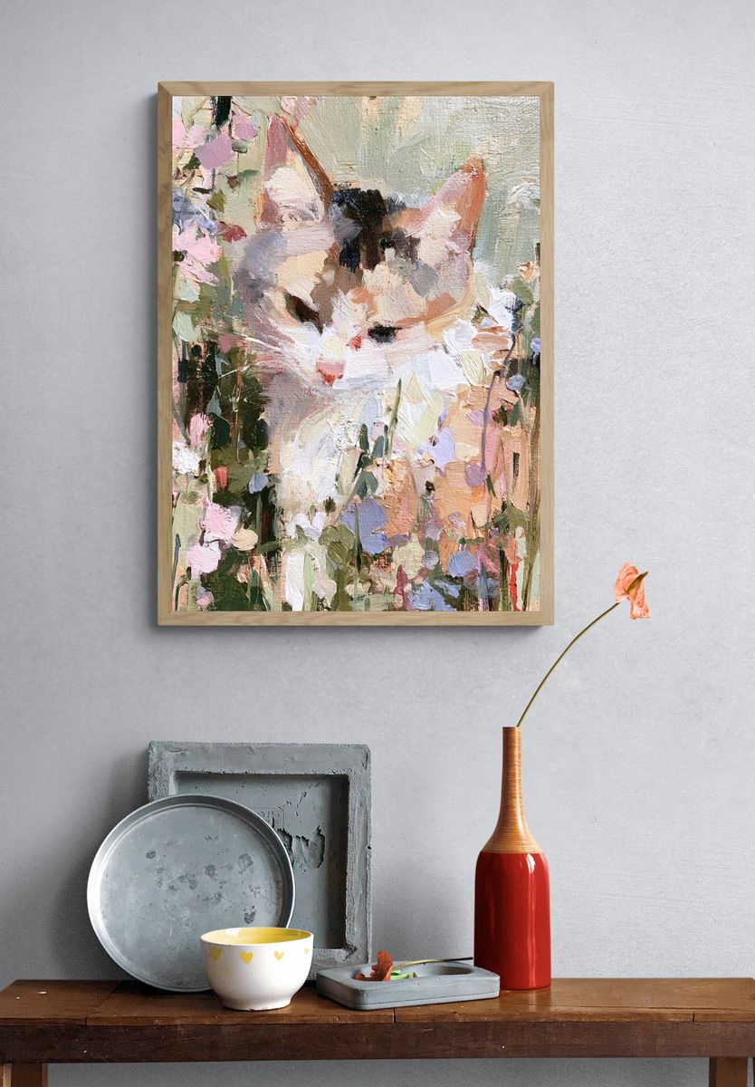 Pastel Cat in Flowers Print. — room view 3