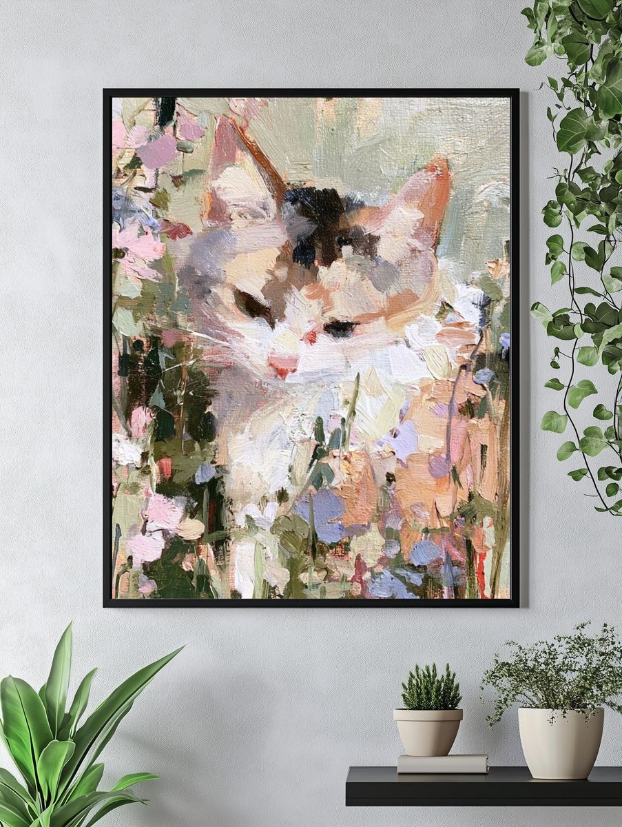 Pastel Cat in Flowers Print. — room view 4