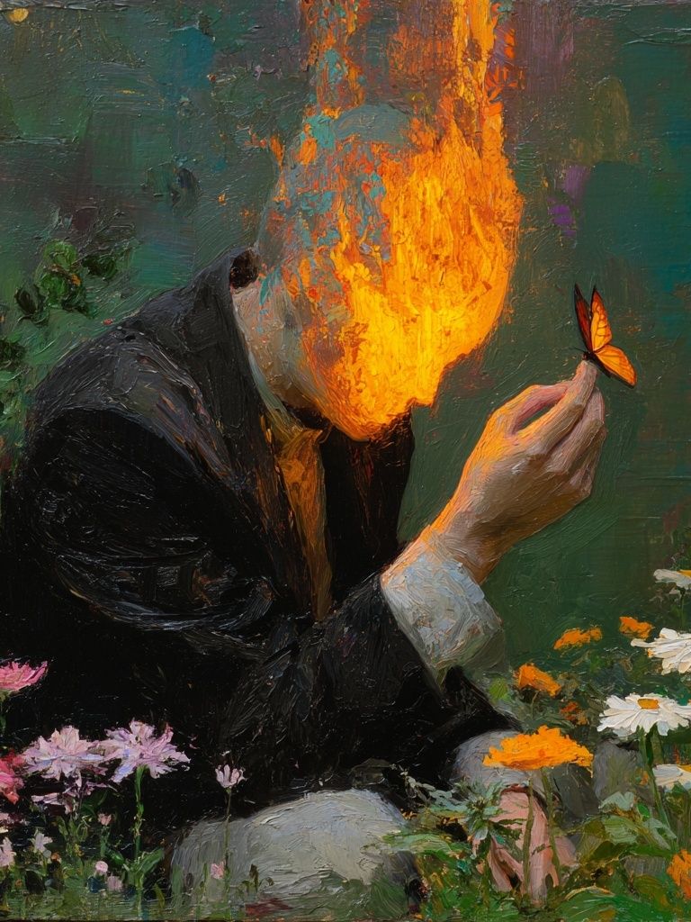 Burning Head with Butterfly — Fine Art Print. poster — fine-art art