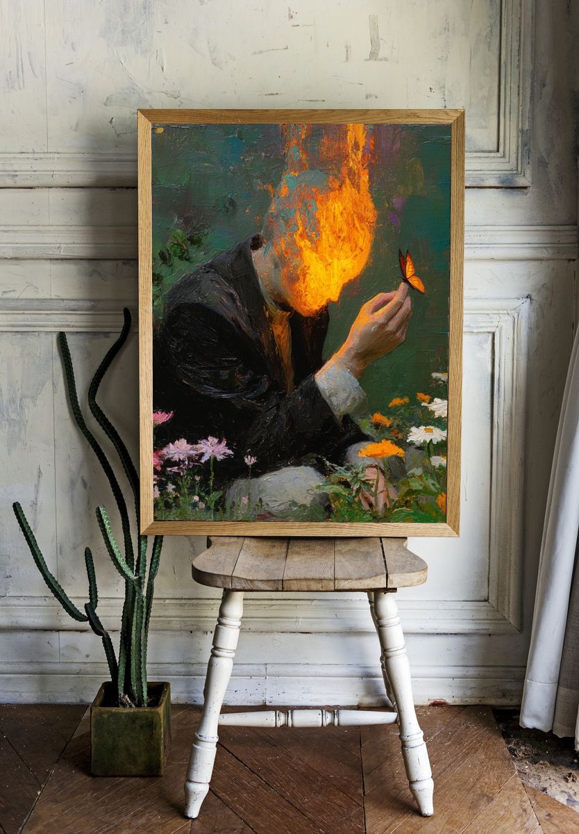 Burning Head with Butterfly — Fine Art Print. — room view 1