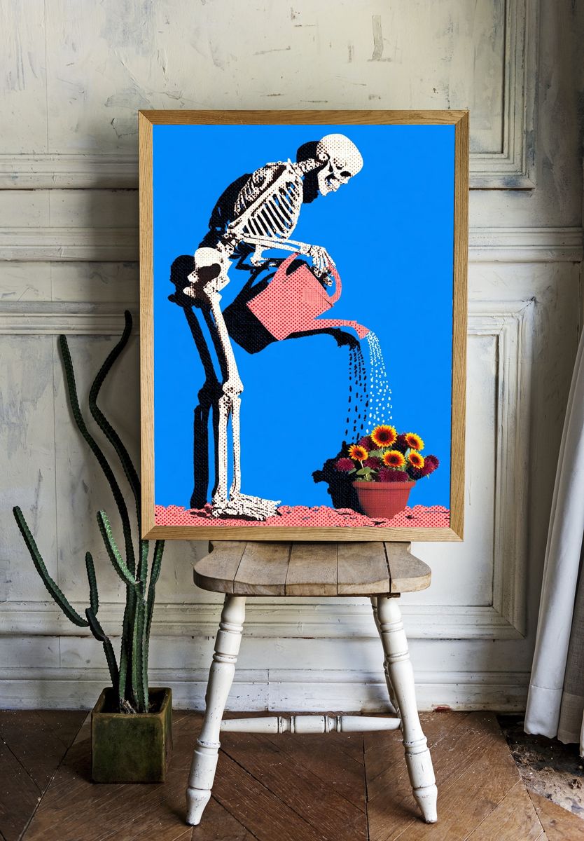 Skeleton Watering Flowers Pop-Art Poster. room preview
