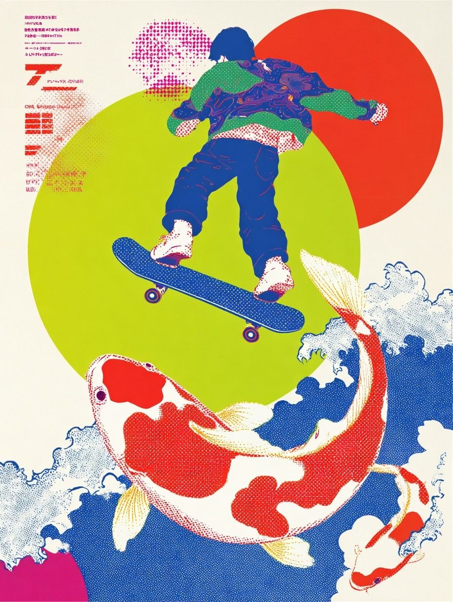 Skateboard and Koi Pop Art Poster. poster detail