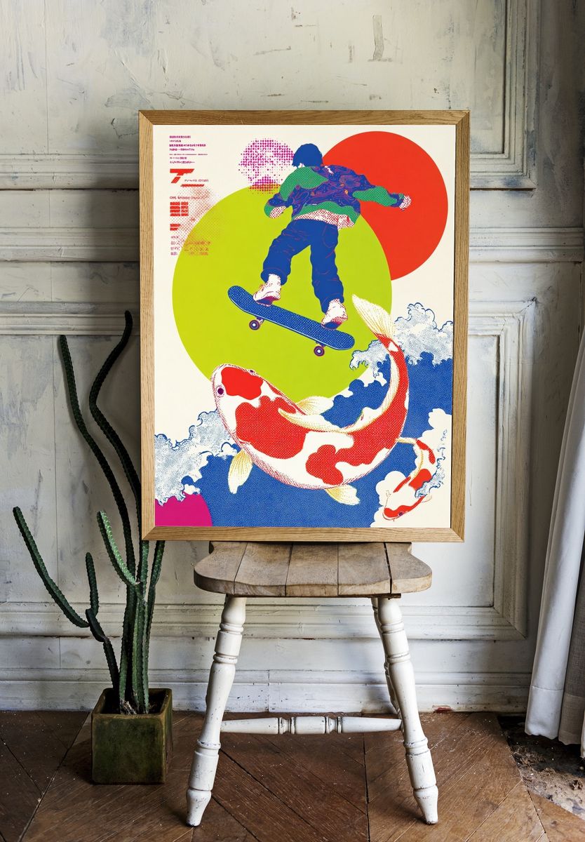 Skateboard and Koi Pop Art Poster. room preview