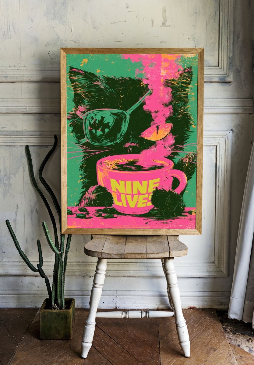 Nine Lives Cat Pop-Art Poster. room preview