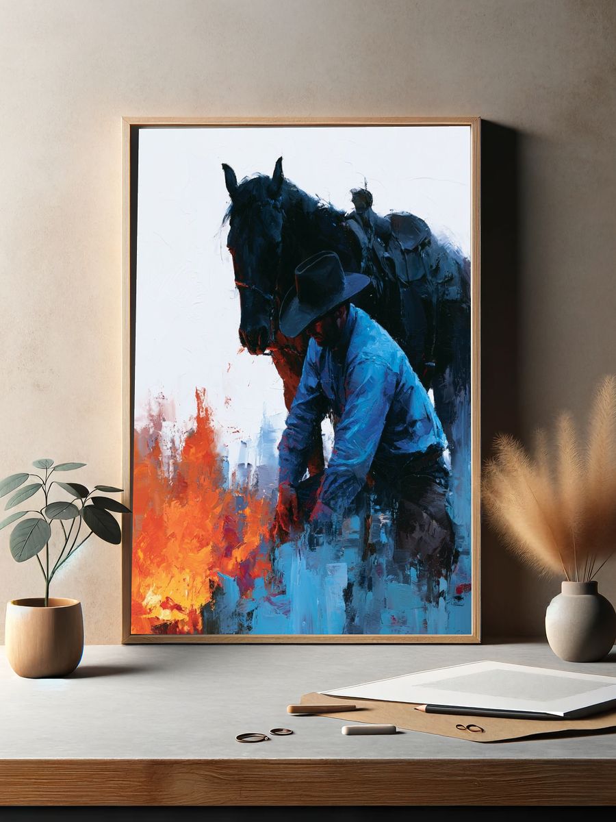 Cowboy and Horse Painting Poster. — room view 2