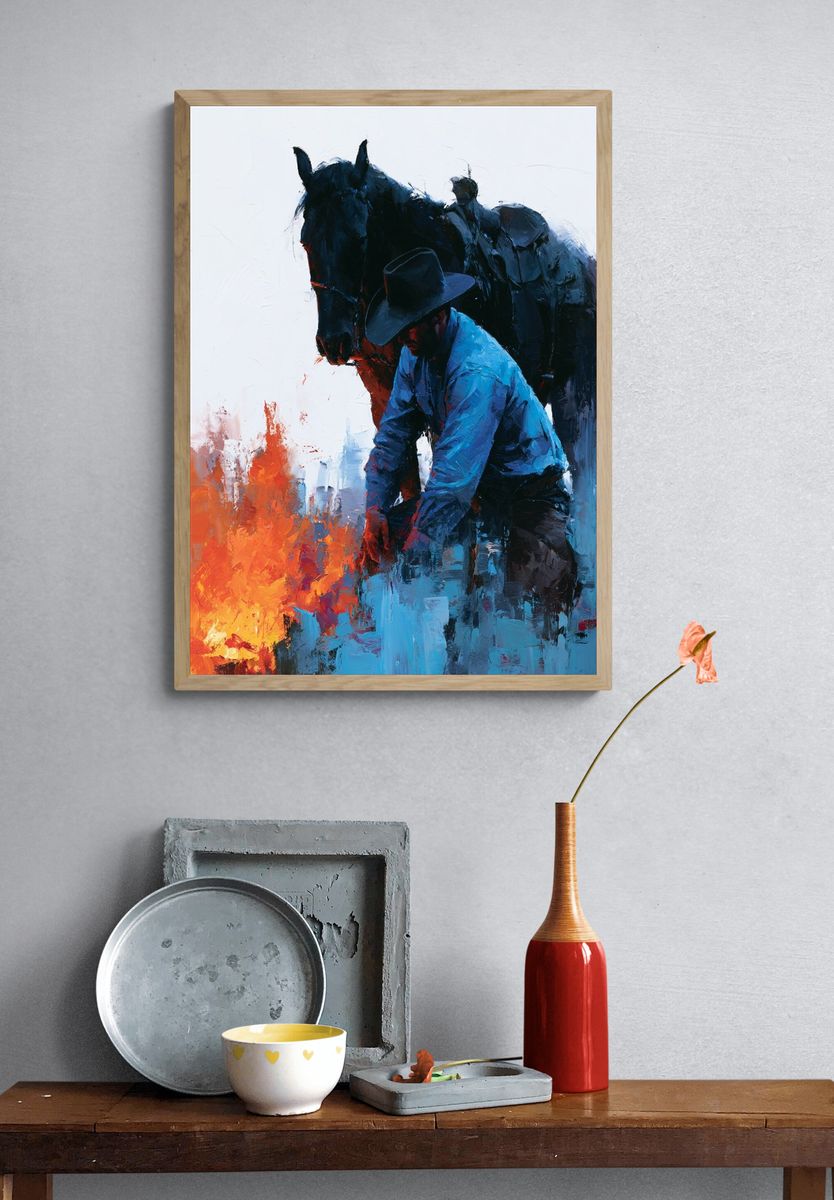 Cowboy and Horse Painting Poster. — room view 3