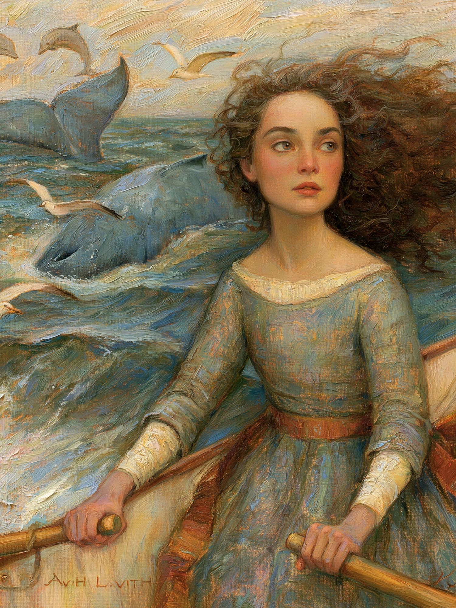 Seaside Girl with Dolphins Fine-Art Print. poster detail