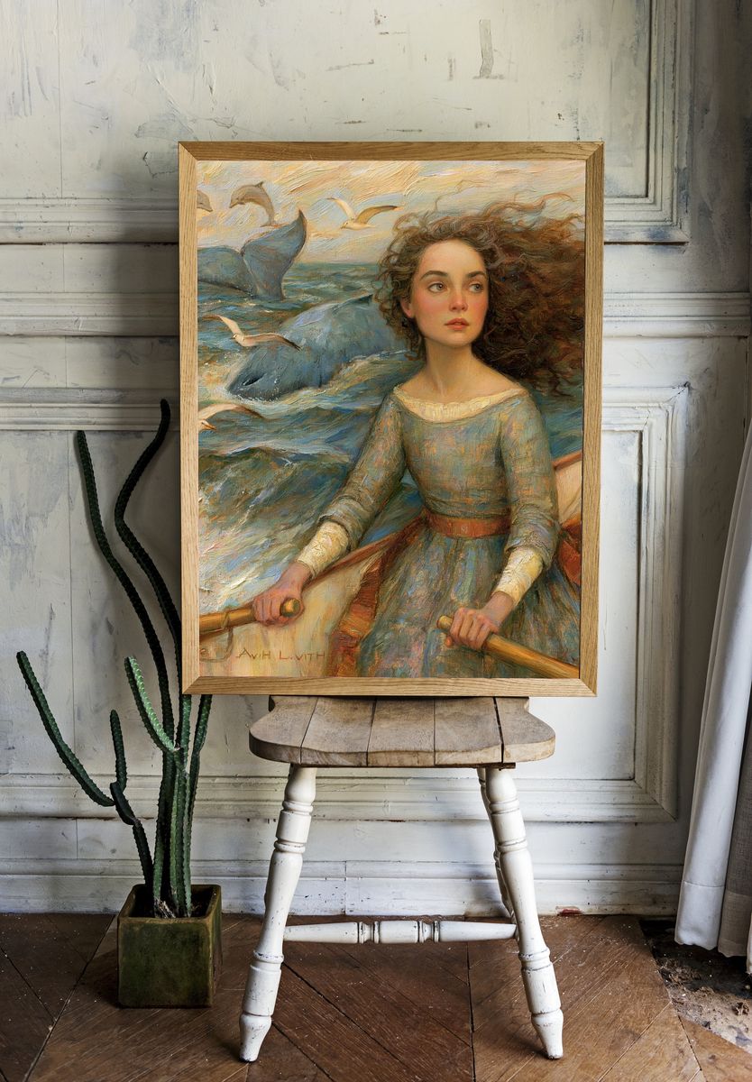 Seaside Girl with Dolphins Fine-Art Print. — room view 1