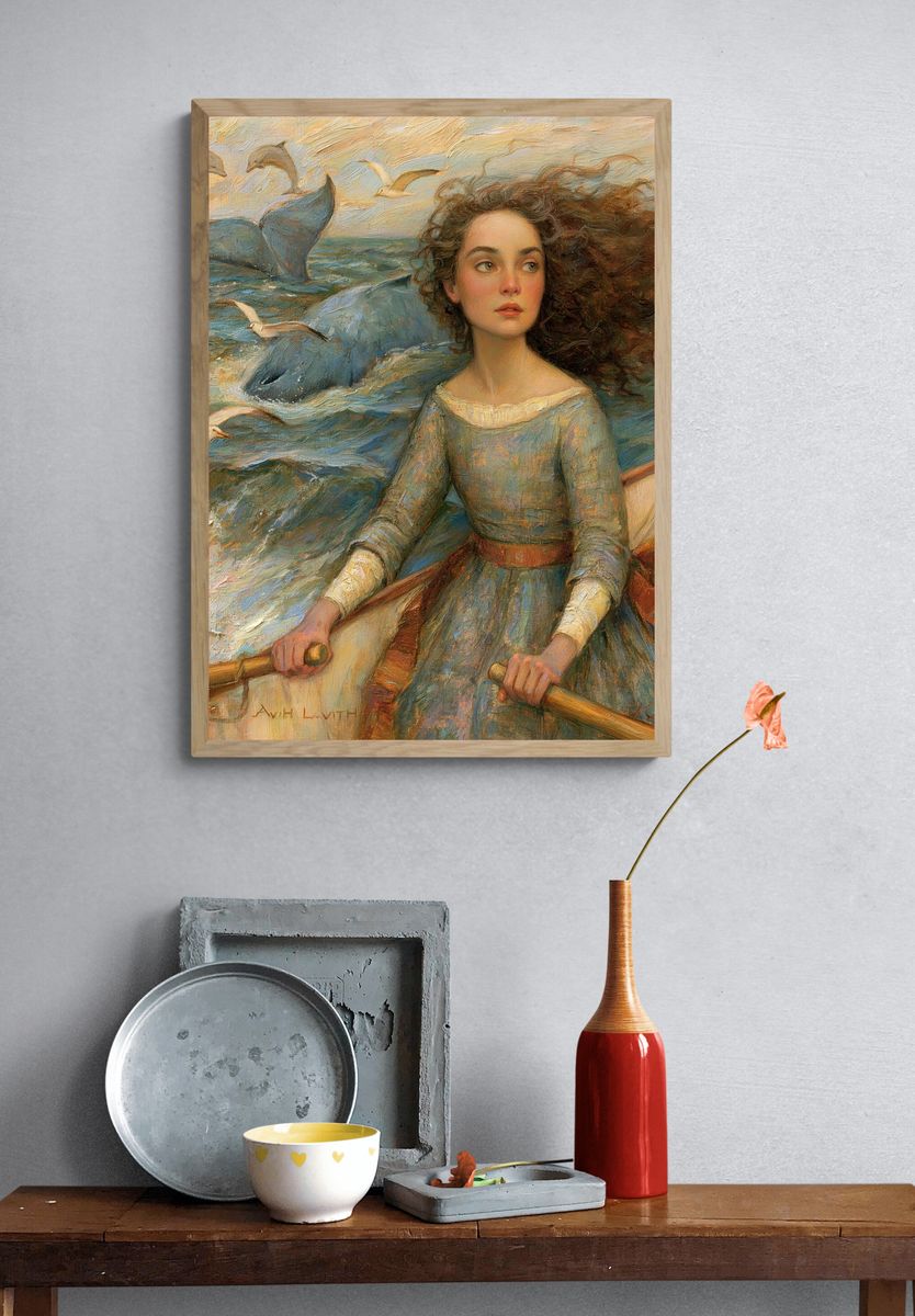 Seaside Girl with Dolphins Fine-Art Print. — room view 3