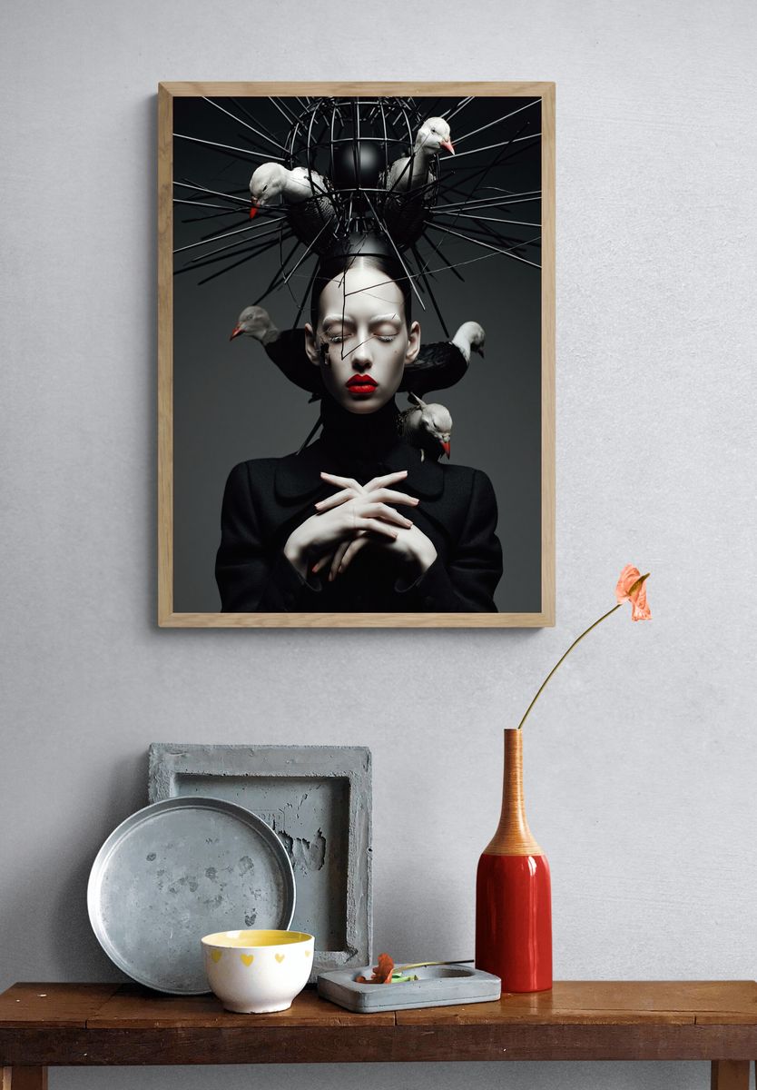 Surreal Bird Crown Portrait Print. — room view 3