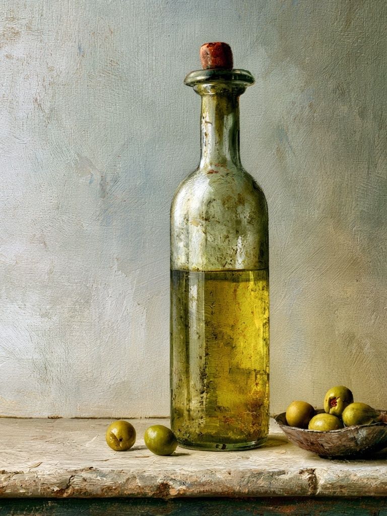 Olive Bottle Still Life Print. poster detail
