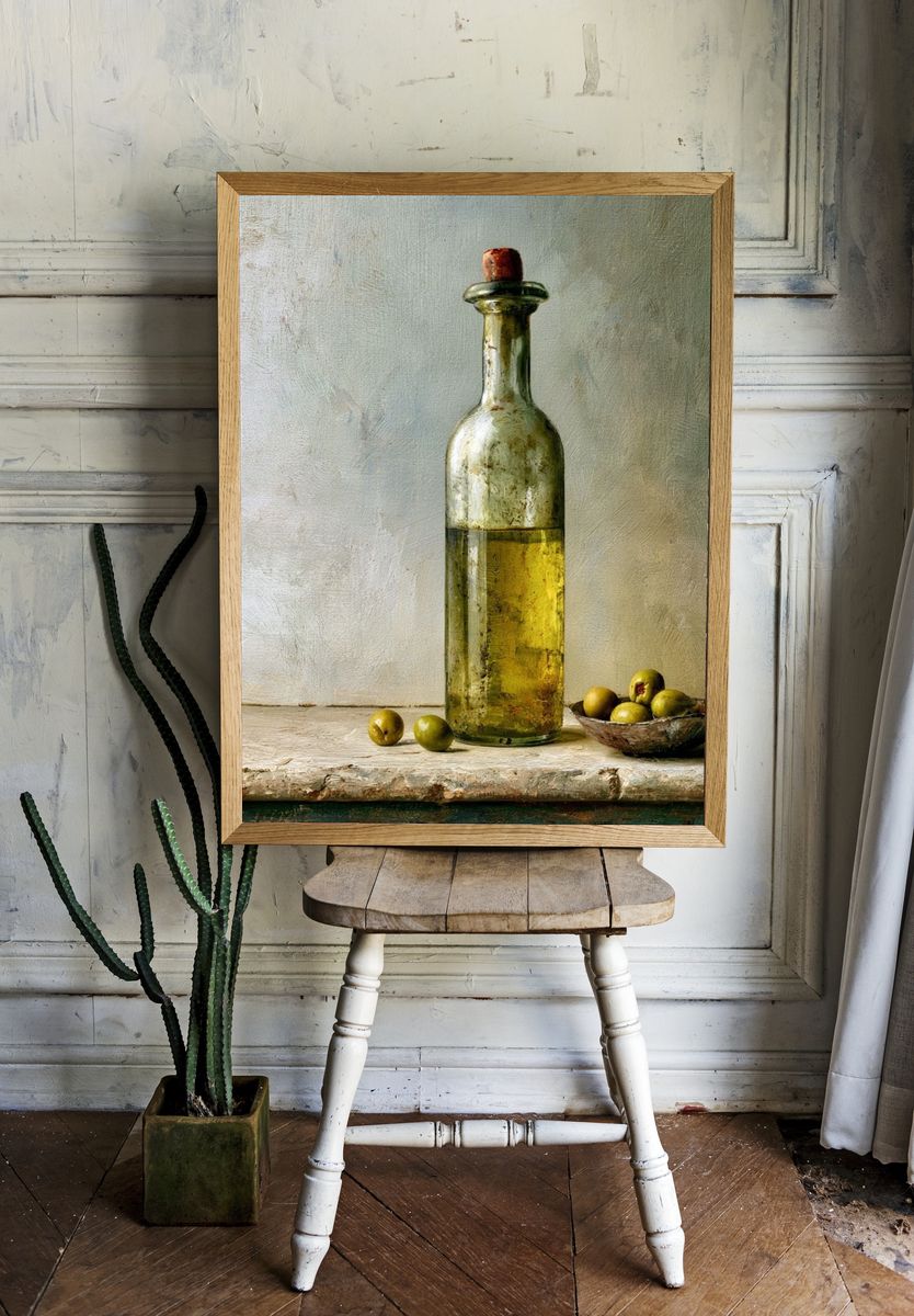 Olive Bottle Still Life Print. — room view 1