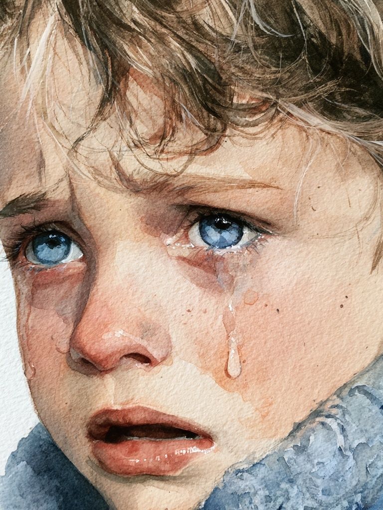 Crying Child Watercolor Portrait Print. poster — fine-art art
