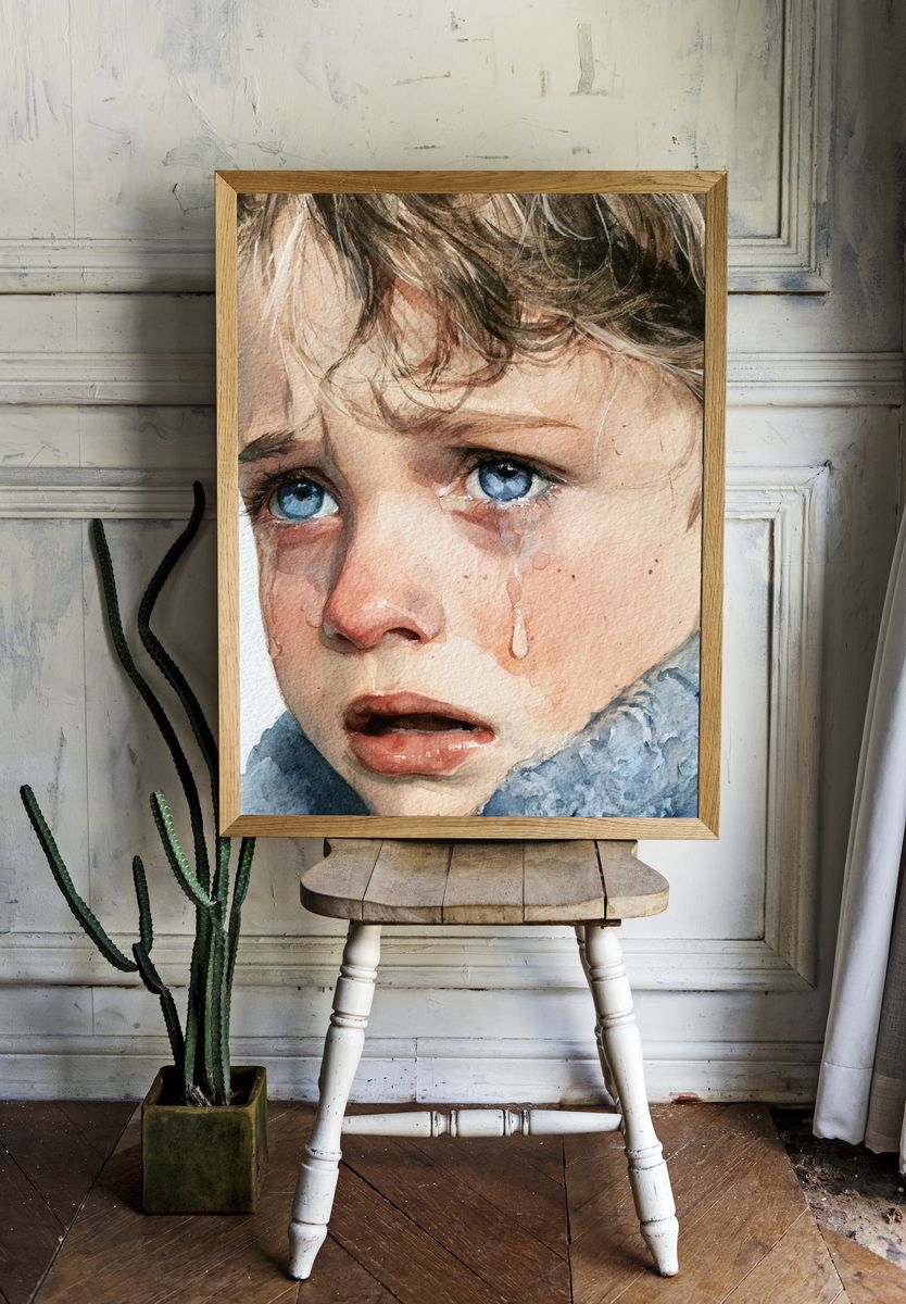 Crying Child Watercolor Portrait Print. — room view 1