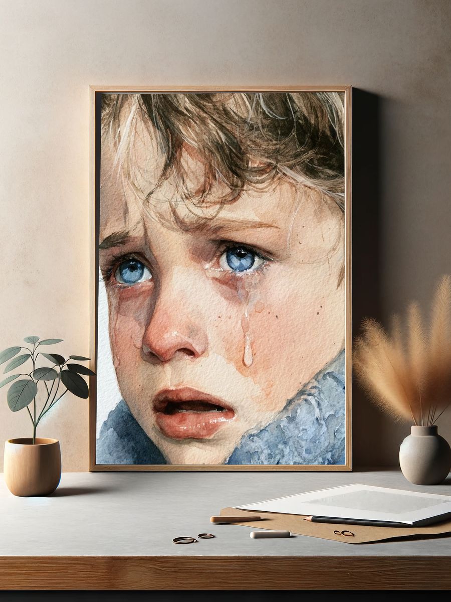 Crying Child Watercolor Portrait Print. — room view 2