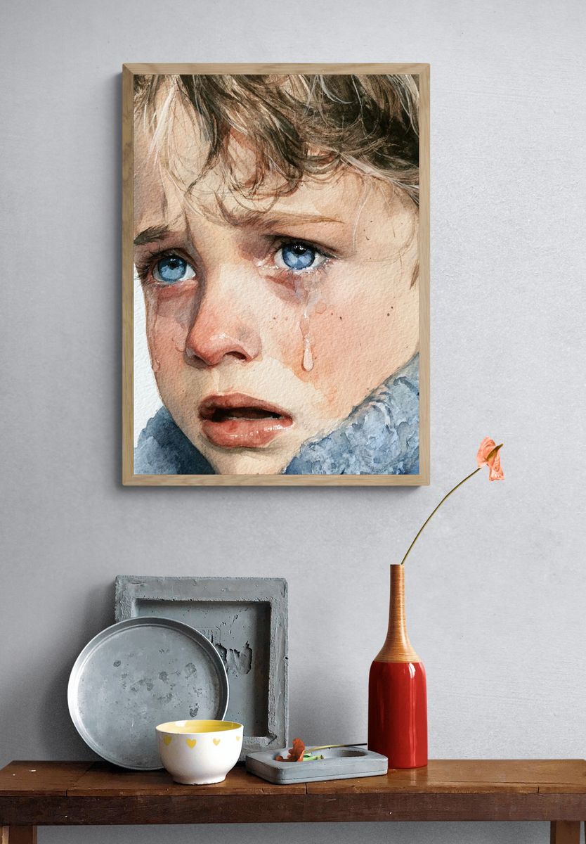 Crying Child Watercolor Portrait Print. — room view 3