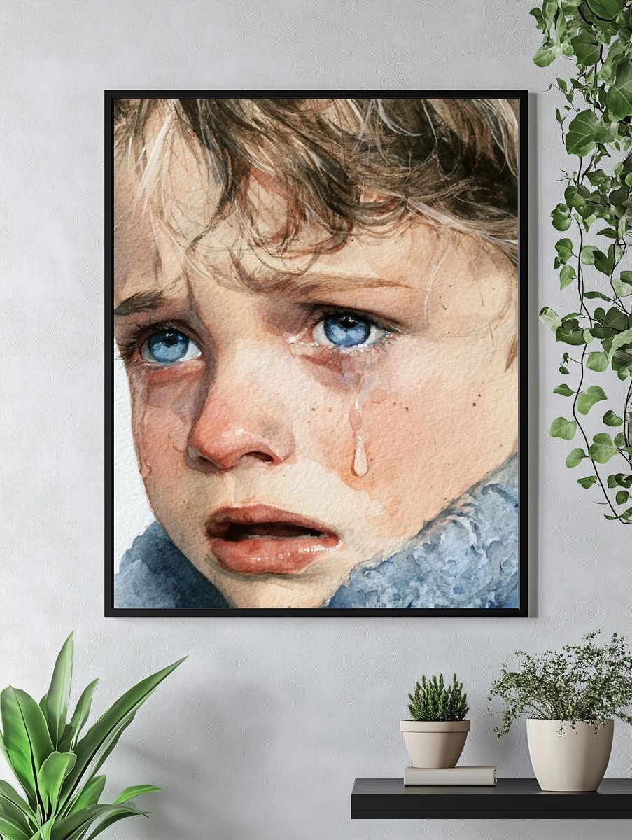 Crying Child Watercolor Portrait Print. — room view 4