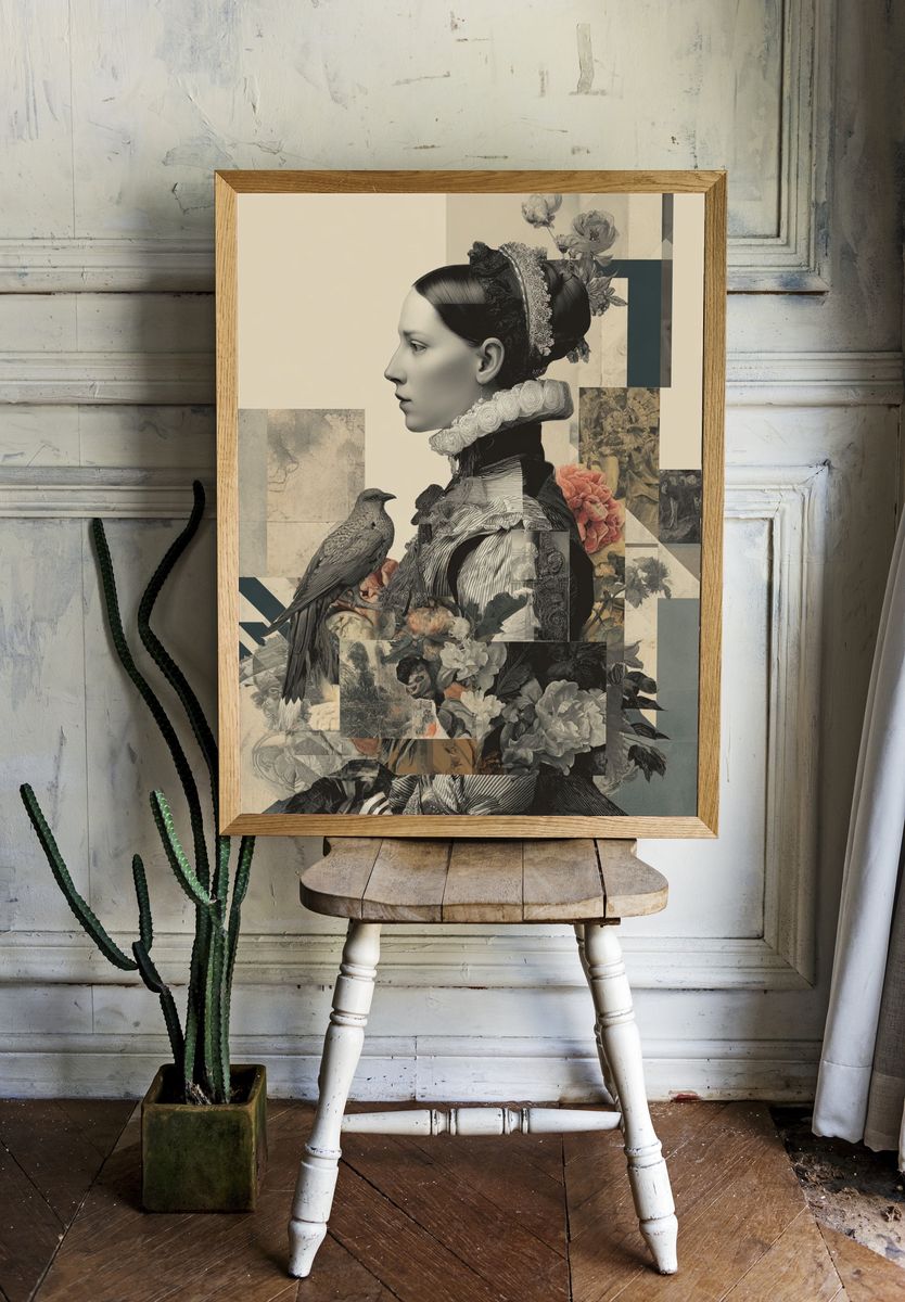 Elegant Woman with Bird — Fine Art Print room preview