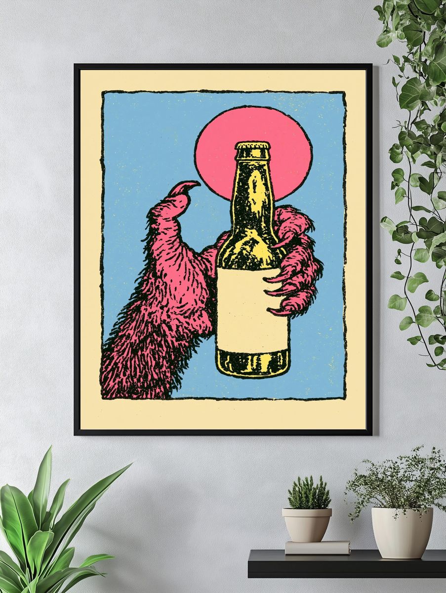 Furry Hand Holding Bottle Print. — room view 4
