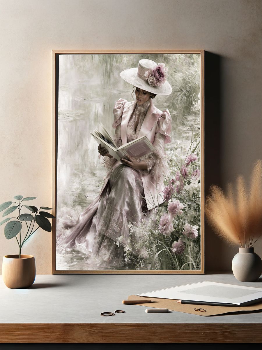 Elegant Lady Reading Floral Print. — room view 2