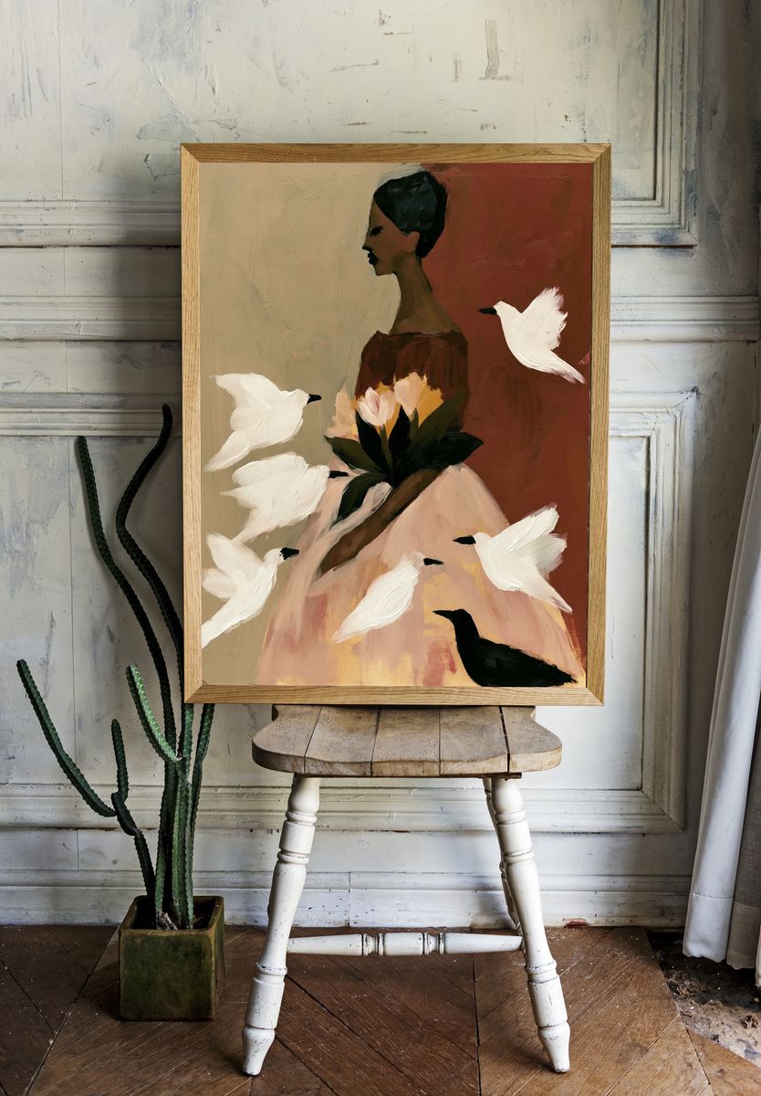 Birds and Woman Fine-Art Poster. room preview