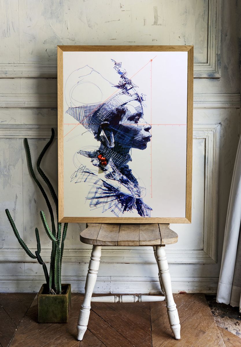 Abstract Blue Portrait Print. — room view 1