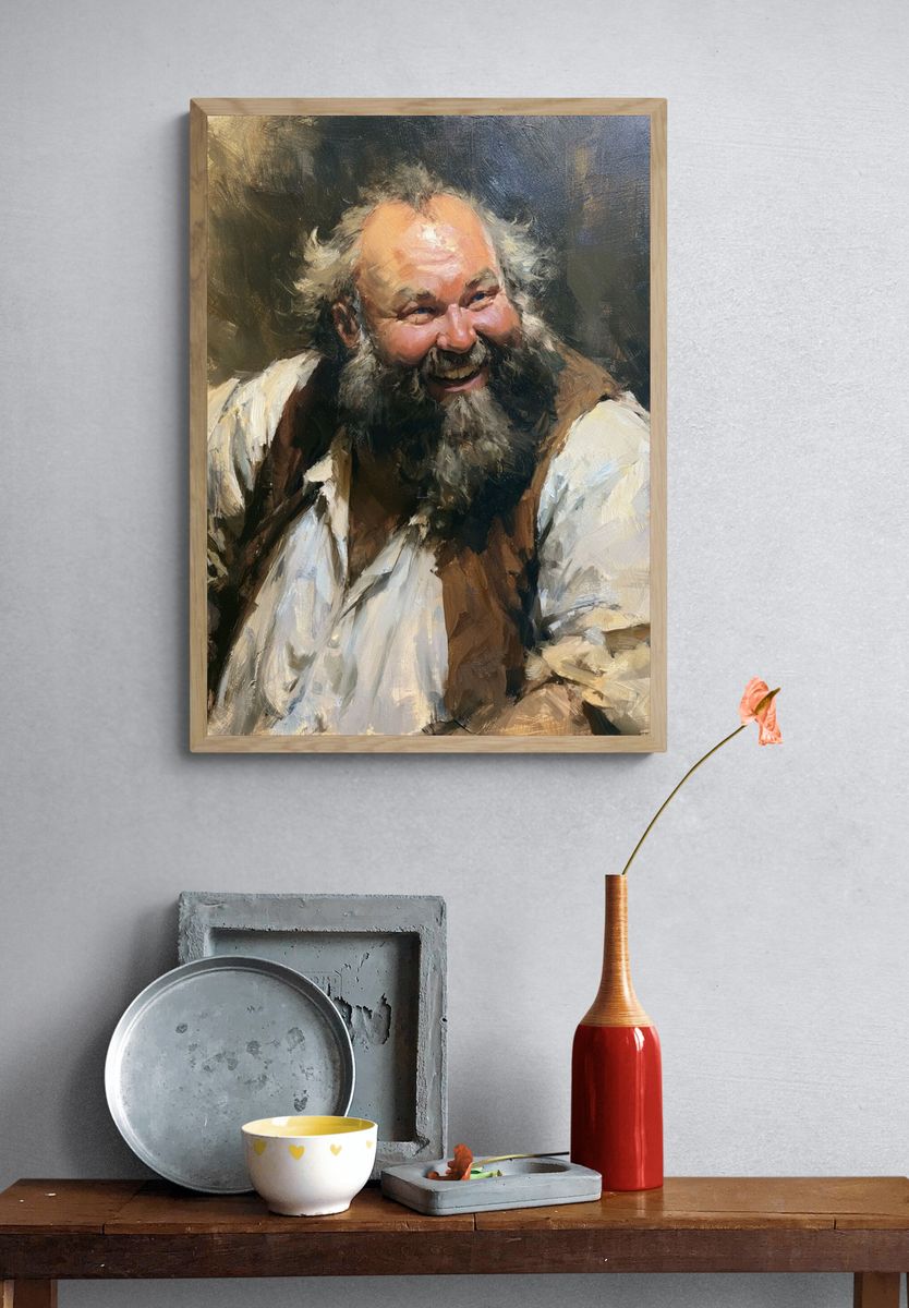 Laughing Bearded Man Portrait Print. — room view 3