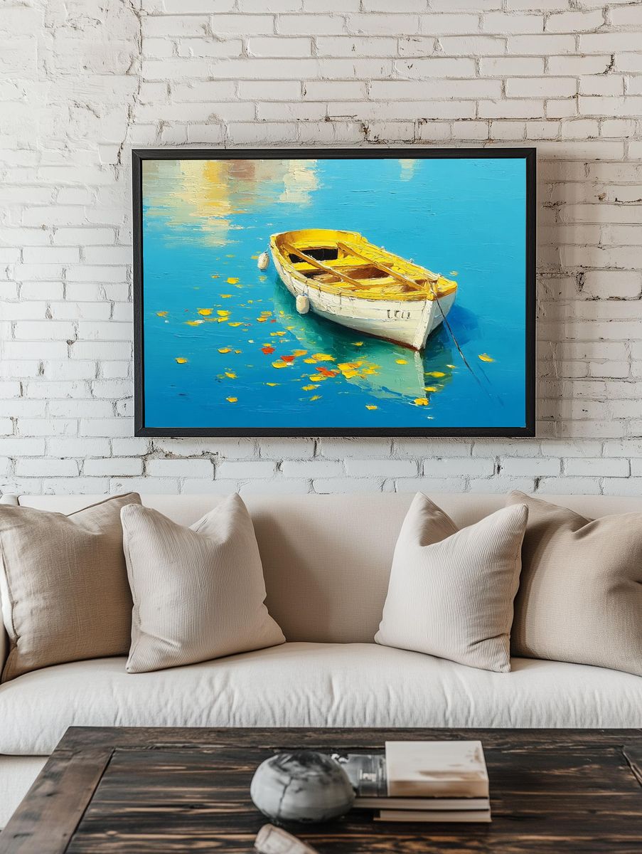 Yellow Boat on Blue Water Print. — room view 1