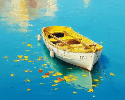 Yellow Boat on Blue Water Print. poster print