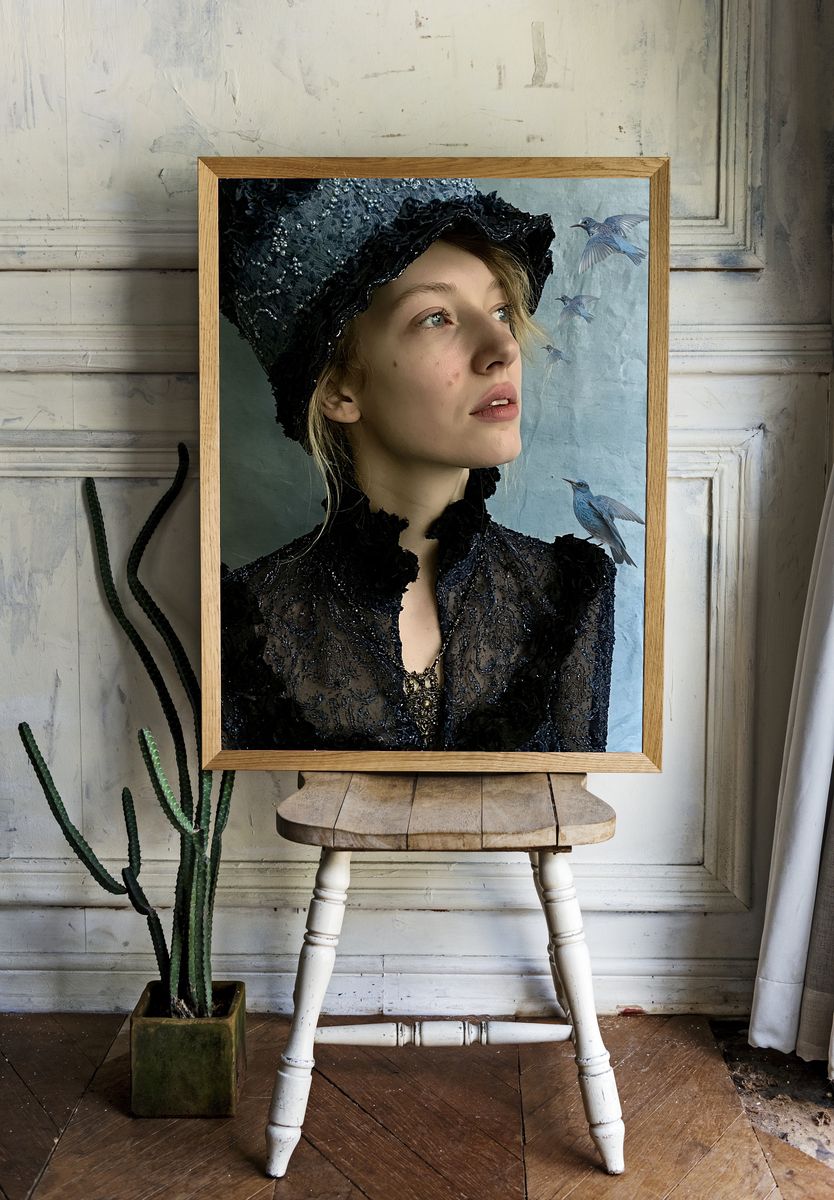 Blue Birds Portrait Print. — room view 1
