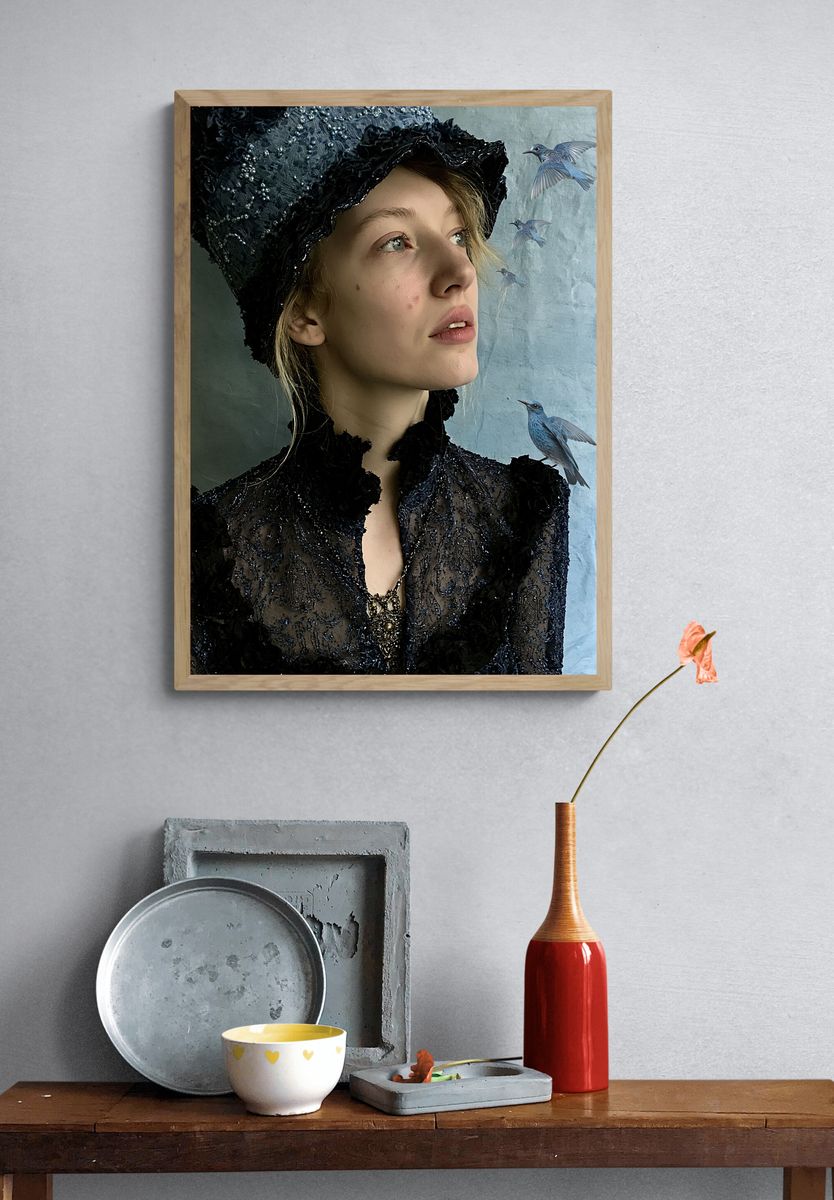 Blue Birds Portrait Print. — room view 3