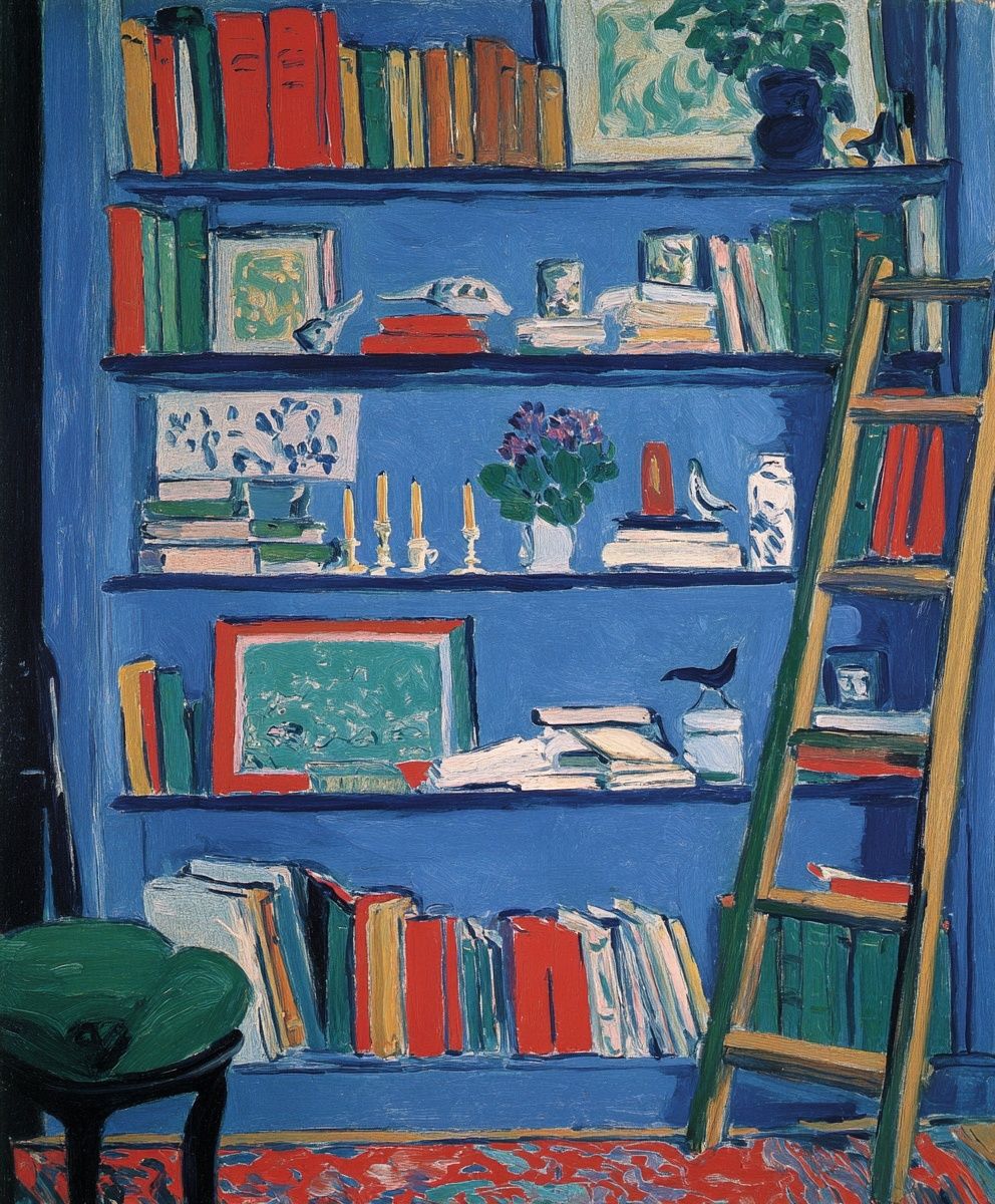 Blue Bookshelf Interior Poster. poster — fine-art art