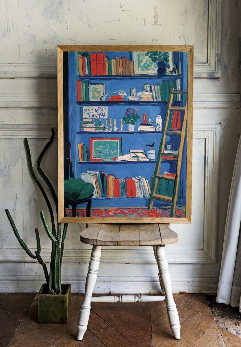 Blue Bookshelf Interior Poster. room preview
