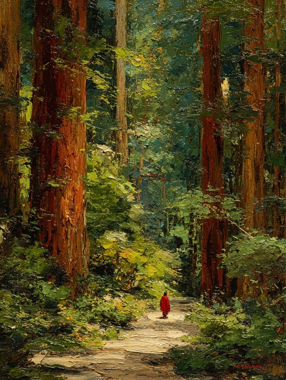 Red Cloak in Redwood Forest Print. poster detail