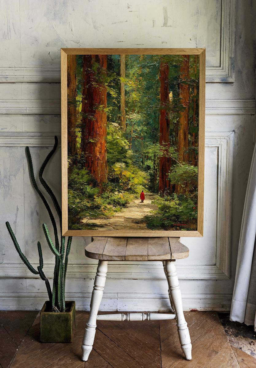 Red Cloak in Redwood Forest Print. room preview
