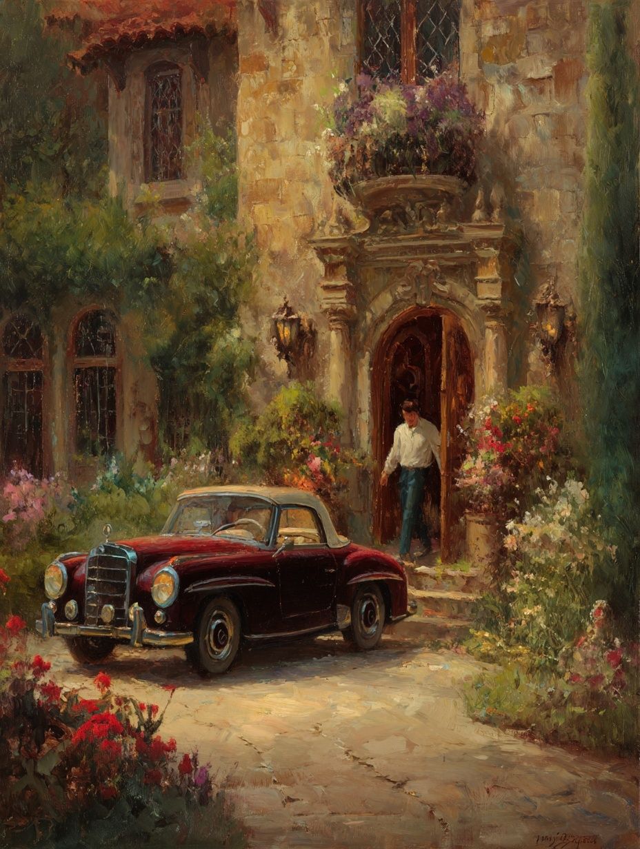 Vintage Car Courtyard Painting Poster. poster detail