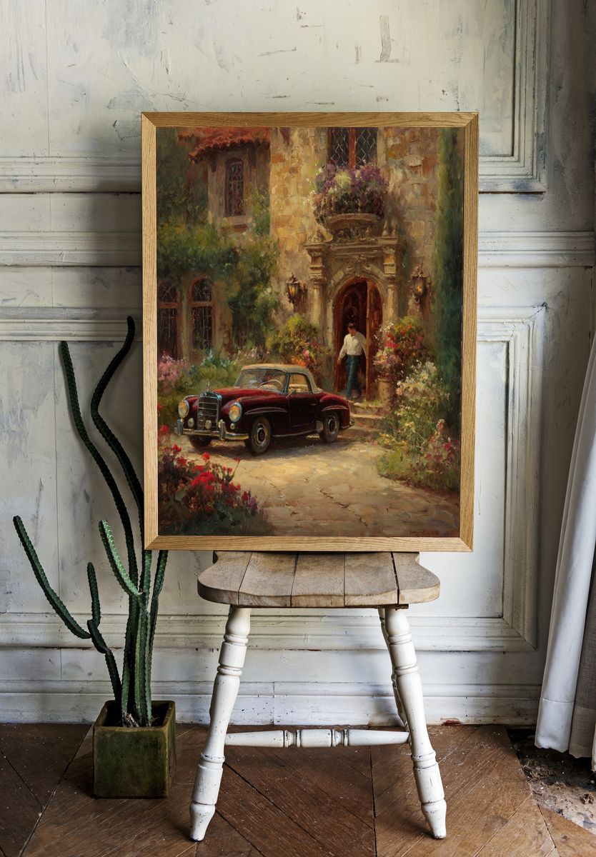Vintage Car Courtyard Painting Poster. room preview