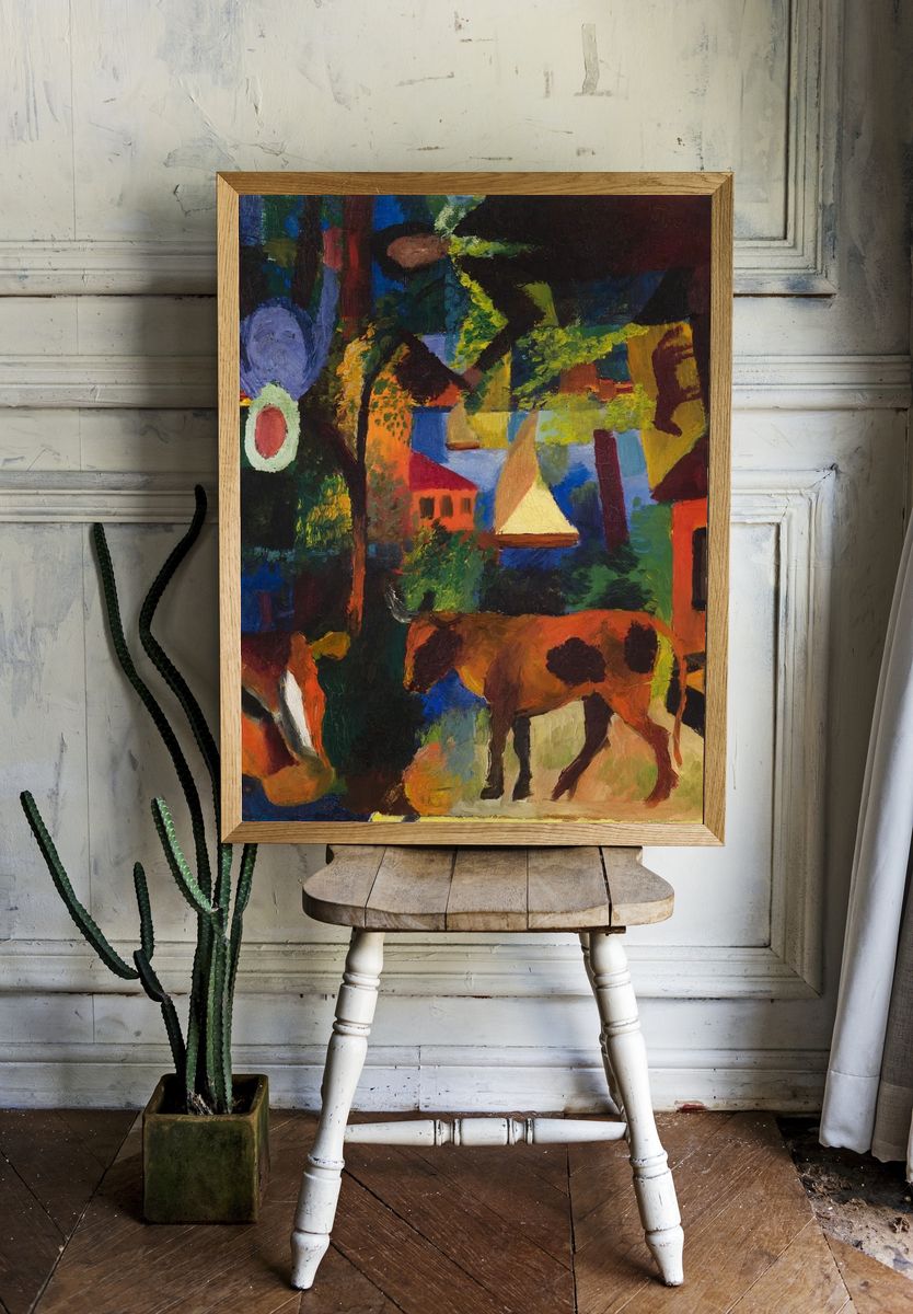 Colorful Landscape with Cows — Fine Art Print. room preview