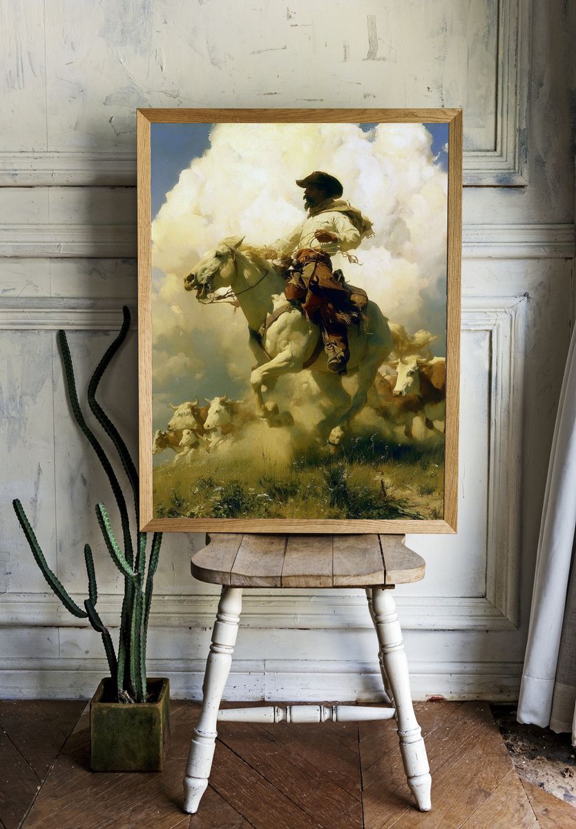 Cowboy Herding Cattle Fine-Art Print. room preview