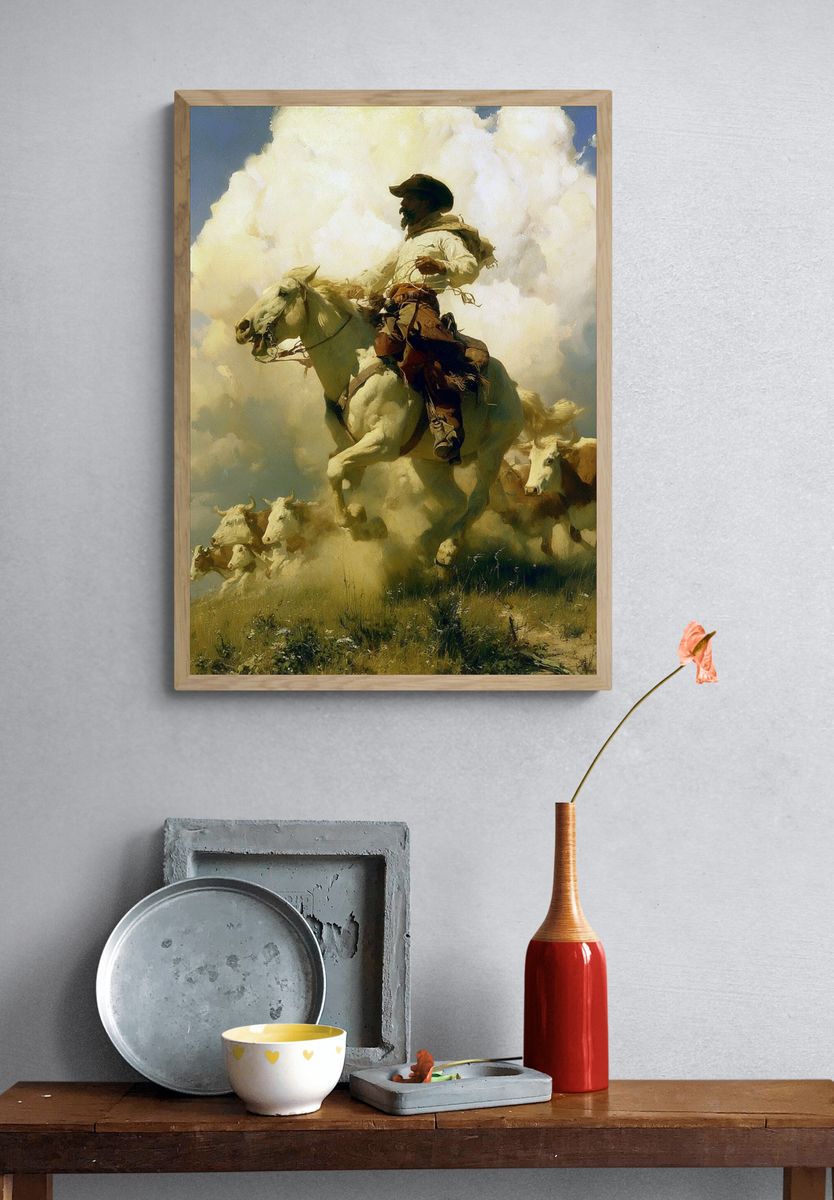 Cowboy Herding Cattle Fine-Art Print. — room view 3