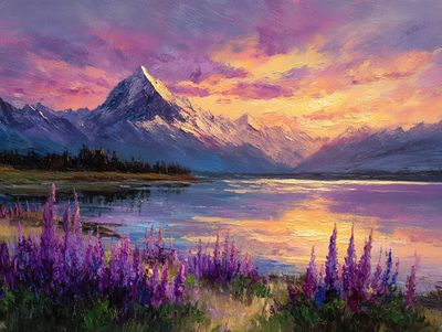 Sunset Mountain Lake Impressionist Poster. poster print