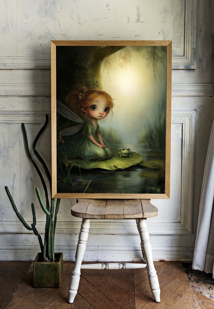 Fairy and Frog — Whimsical Illustration Print. room preview