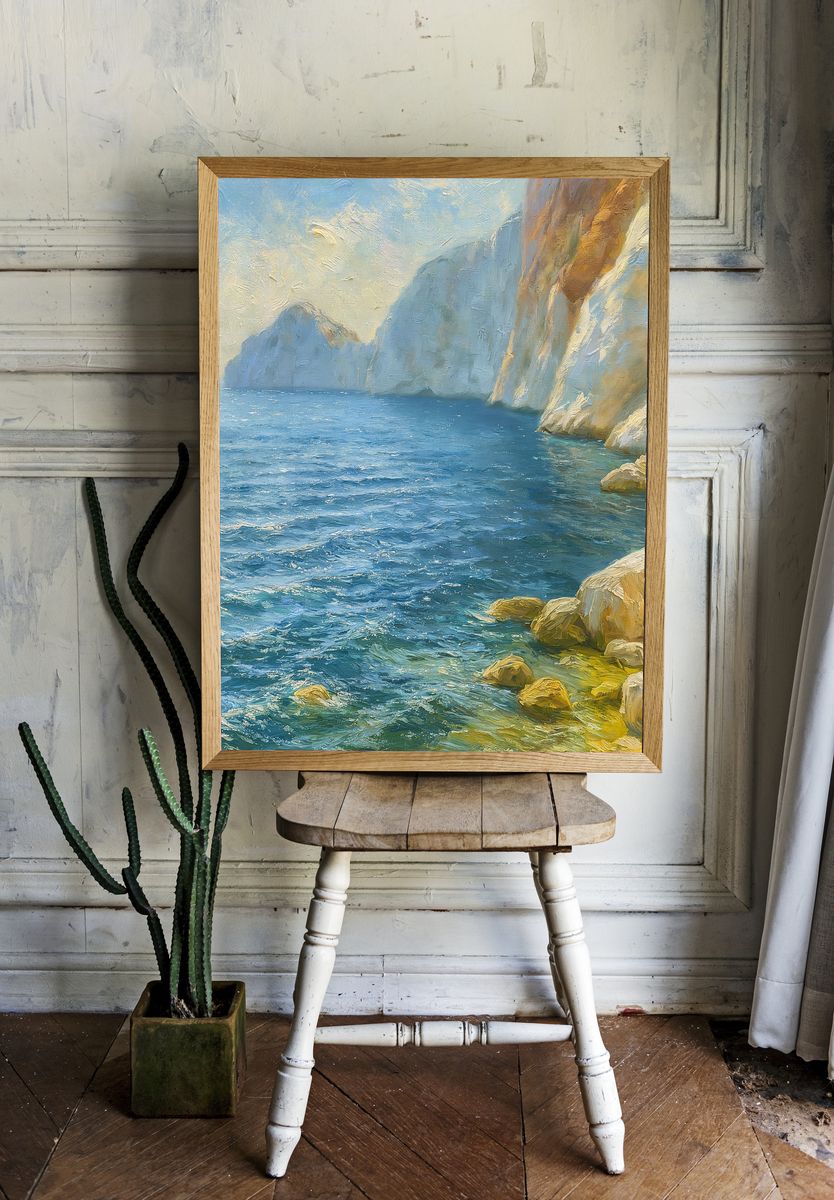 Coastal Cliffs Oil Painting Poster. — room view 1