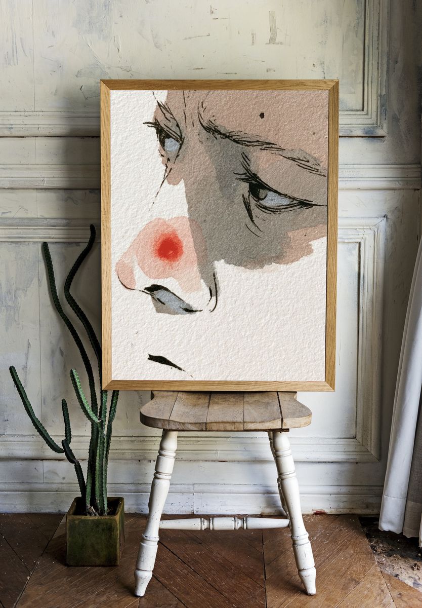 Contemplative Face Watercolor Print. — room view 1