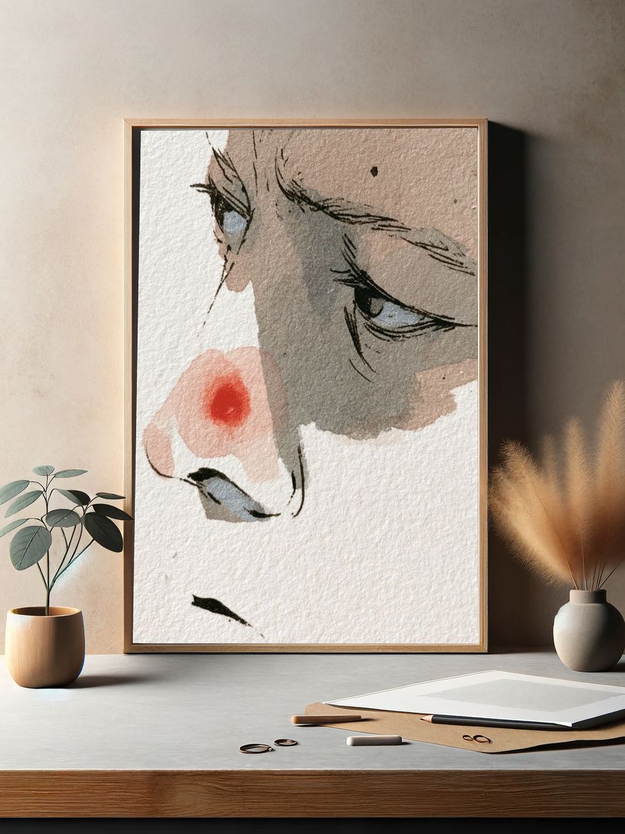 Contemplative Face Watercolor Print. — room view 2
