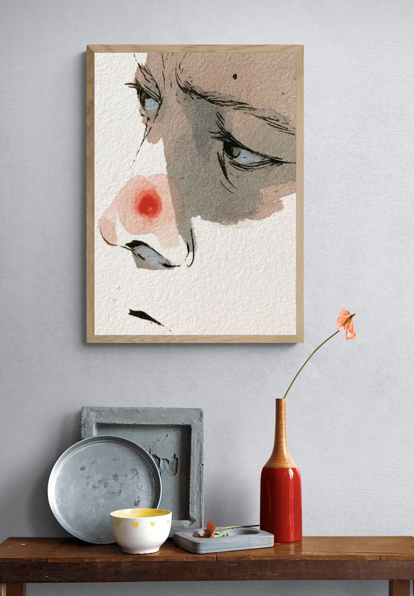 Contemplative Face Watercolor Print. — room view 3