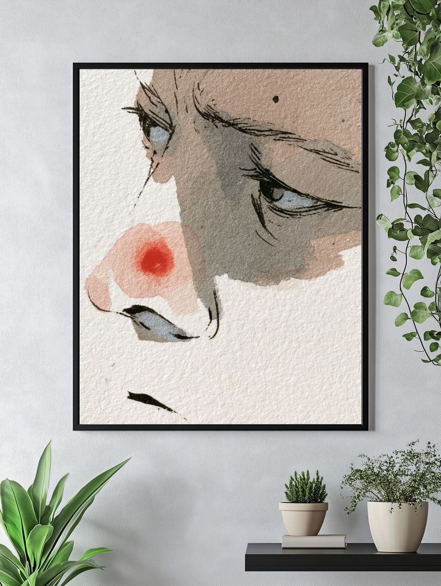 Contemplative Face Watercolor Print. — room view 4